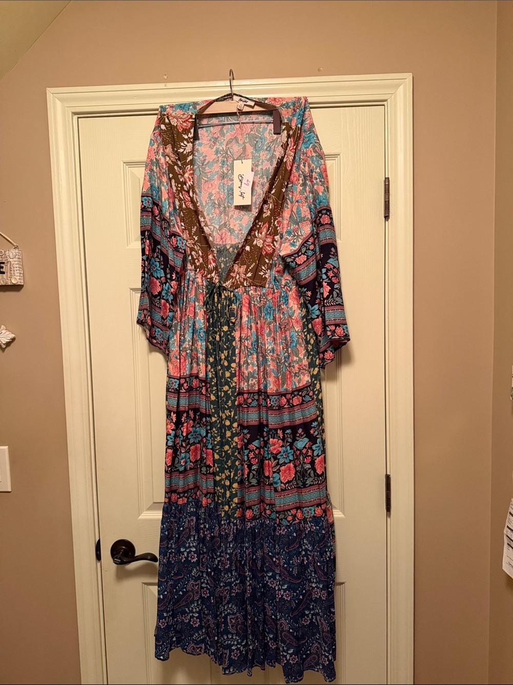 New Boho Floral Patchwork Maxi Dress in Pink & Blue